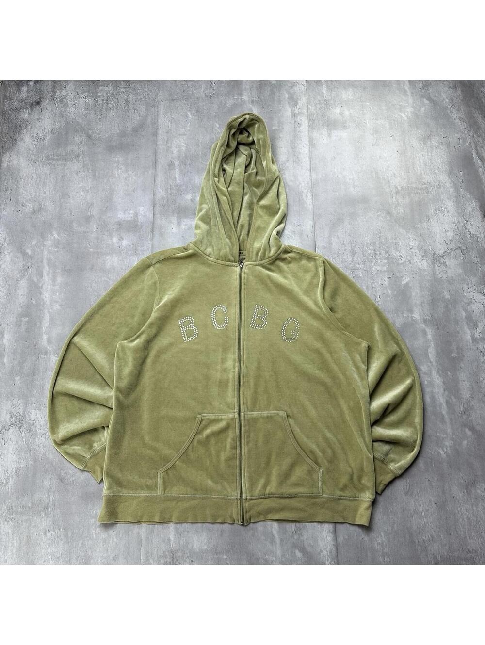 Y2K Olive Green BCBG Maxazria Grunge Velour Zip Up Hoodie